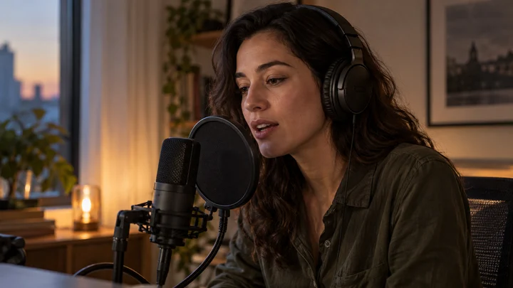 A performer wearing headphones records dialogue into a microphone